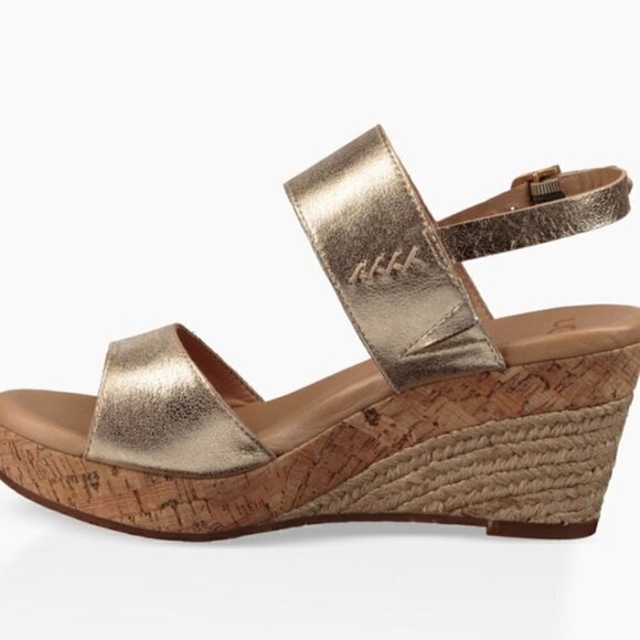 Ugg Elena Gold Leather Metallic Wedge Sandals Size 10 EU 41 - Picture 2 of 11